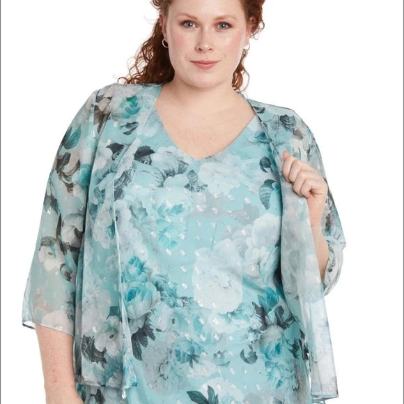 R&M Richards Plus Size Women's Teal Whimsical Fairy Floral Maxi Dress. 2 PC. 16 - Picture 15 of 16